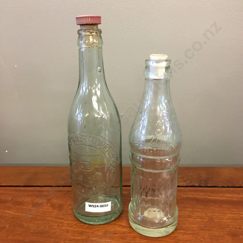 Kia-Ora Mineral Water Co Auckland Embossed Glass Bottle, 22cm & Grey & Menzies Kia Ora Kola Crown Top Bottle, 19.5cm Image 1++